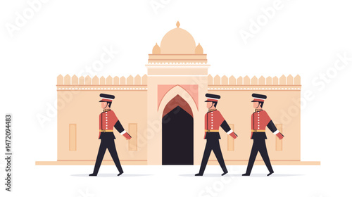 Frustrated palace guards returning after a long duty shift, wearing traditional uniforms and helmets, showing tired and annoyed expressions, set against a historic royal palace background