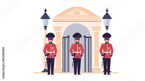 Frustrated palace guards returning after a long duty shift, wearing traditional uniforms and helmets, showing tired and annoyed expressions, set against a historic royal palace background