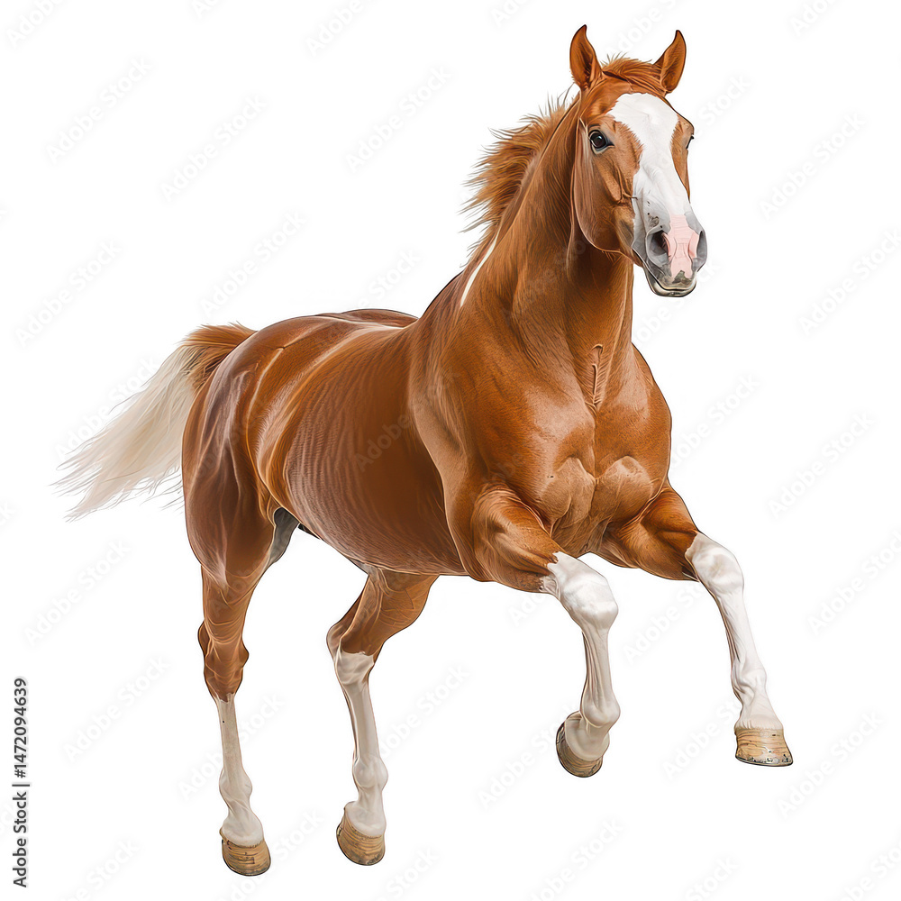 Naklejka premium A powerful chestnut horse rearing up energetically against a white isolated background, showcasing its strength and grace in motion.