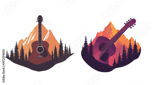 A unique silhouette of a guitar-shaped mountain covered with dense trees, blending natural landscape with musical instrument shape, symbolizing harmony between nature and music in an artistic style