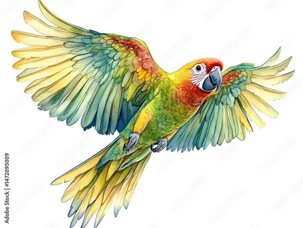 Fototapeta premium A vibrant Sun Conure parrot in flight with wings spread wide showcasing its brilliantly colored feathers against a pure white background.