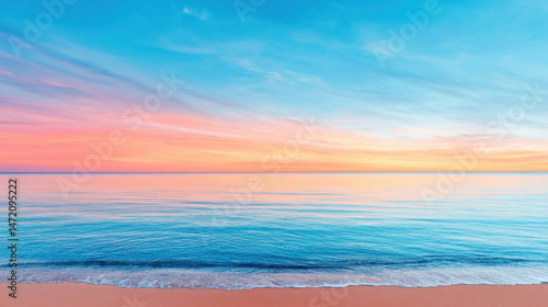 Peaceful calm ocean with gentle waves and colorful sunset sky over horizon creating serene atmosphere