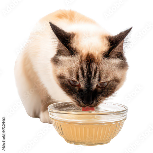 A Siamese cat drinking water from a bowl, showcasing its beautiful fur coat and focused expression, perfect for pet lovers and animal enthusiasts.