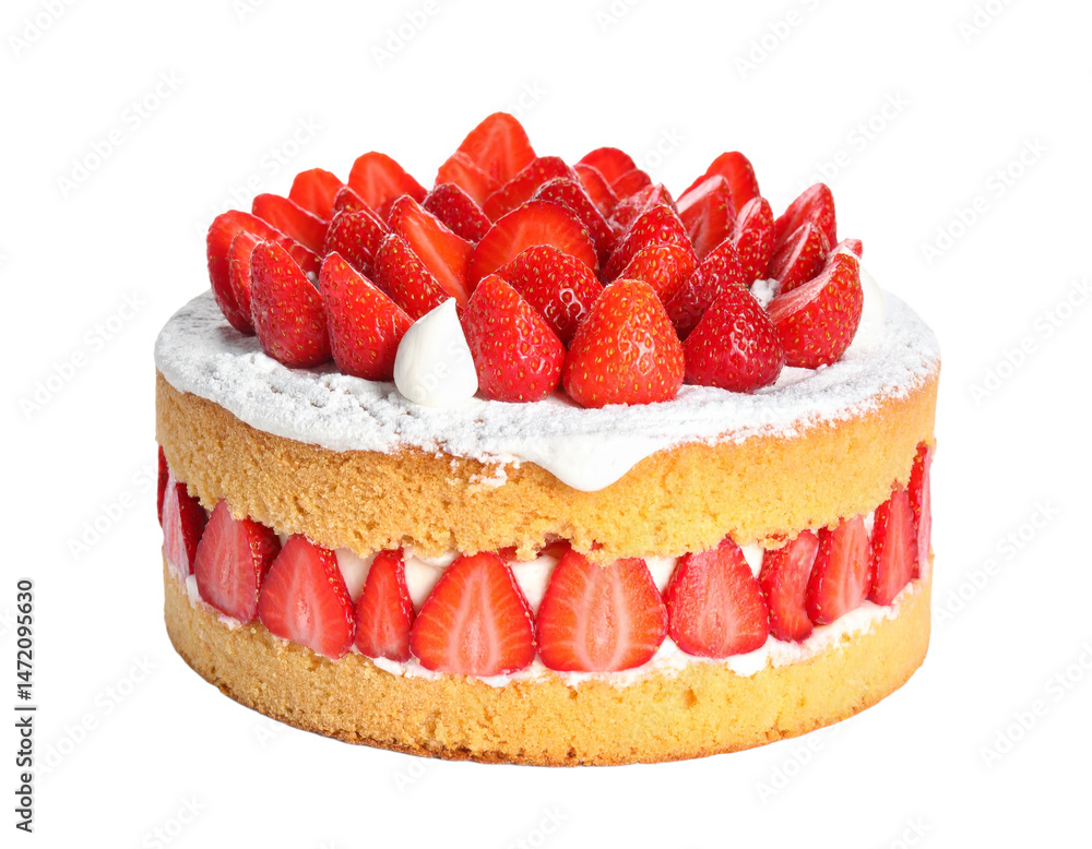 Delicious Strawberry Cake Isolated Pastry with Cream and Powdered Sugar Sweet Dessert