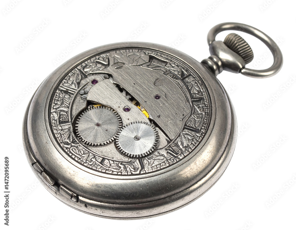 Antique Pocket Watch with Visible Gears Isolated on Transparent Background Silver Timepiece