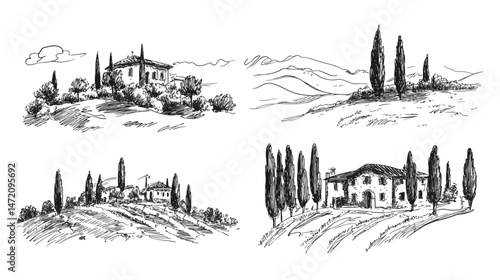 Italian Landscape Set – Hand Drawn Vector Doodle Style