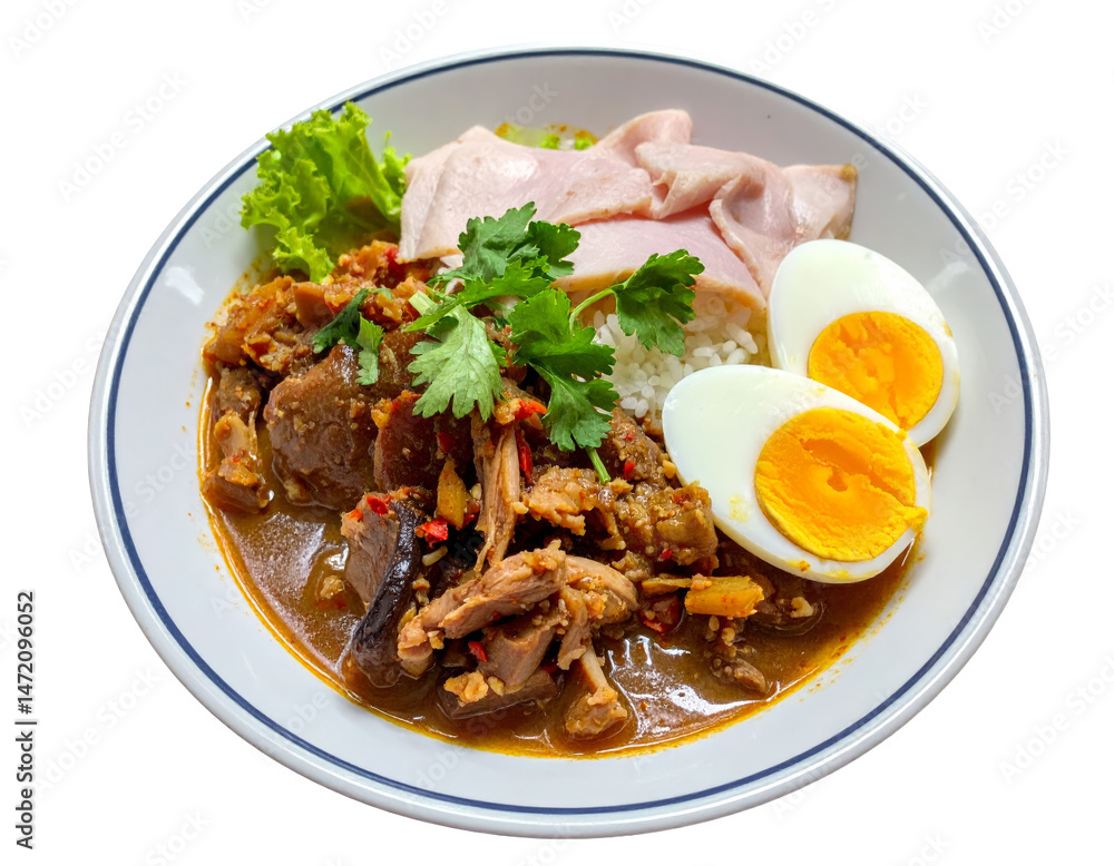 Delicious Thai stewed pork leg with egg rice and herbs isolated concept