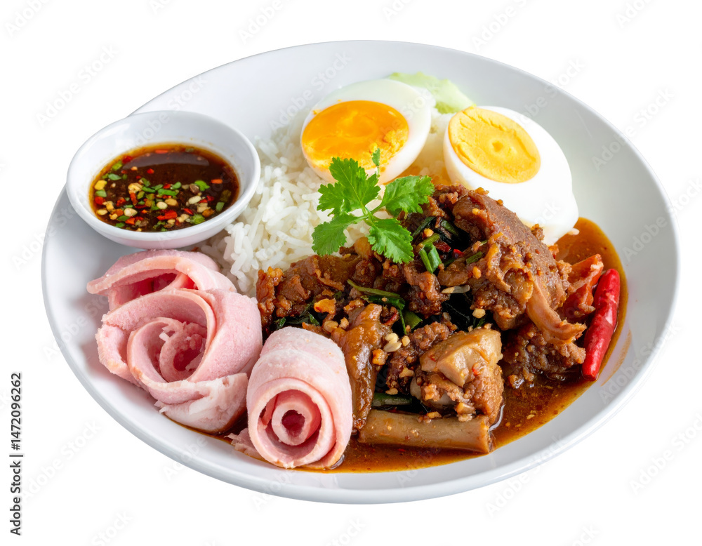Stewed Pork Leg with Rice and Egg Isolated Thai Cuisine Still Life Food