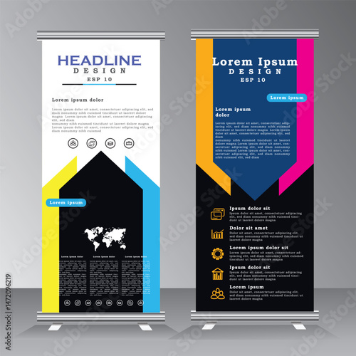 roll up banners template design with three colors. . Advertising banner with vertical template. standee, pull up banner, stand template. vector eps 10