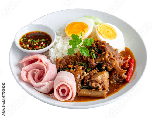 Obraz na płótnie Stewed Pork Leg with Rice and Egg Isolated Thai Cuisine Still Life Food w salonie