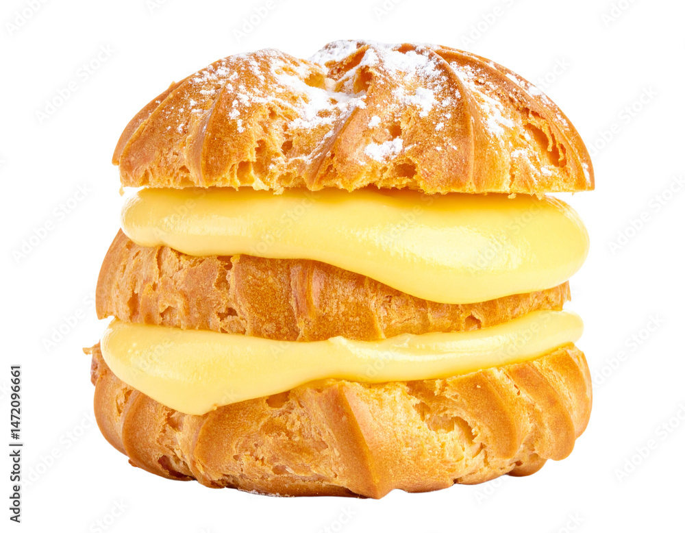 Cream Puff Isolated Pastry with Custard Filling and Powdered Sugar Dessert