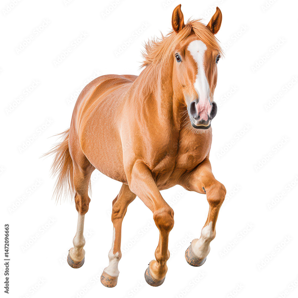 Obraz premium A stunning golden horse galloping gracefully, showcasing its strength and agility against a white isolated background.