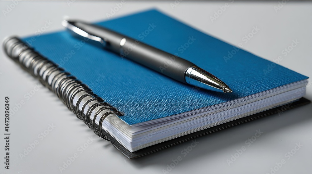 Blue Notepad with Pen on a Clean Surface Awaiting Ideas and Imprints for Notes and Creative Thoughts in Office Environment Blue Notepad with Pen on a Clean Surface Awaiting Ideas and Imprints for Notes and Creative Thoughts in Office Environment