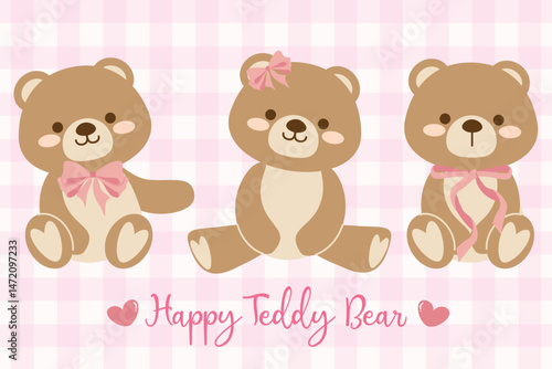 Set of cute coquette teddy bear sitting, adorned with a pink ribbon bow, Vector flat design.