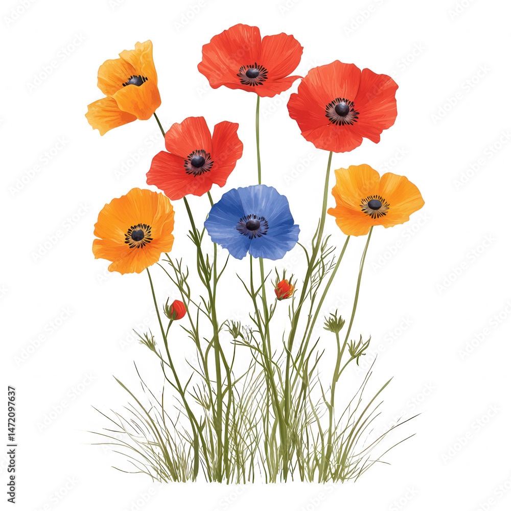 Fototapeta premium A vibrant bouquet of colorful poppies in an array of orange, red, yellow, and blue, emerging from lush green grass, perfect for nature-inspired designs.