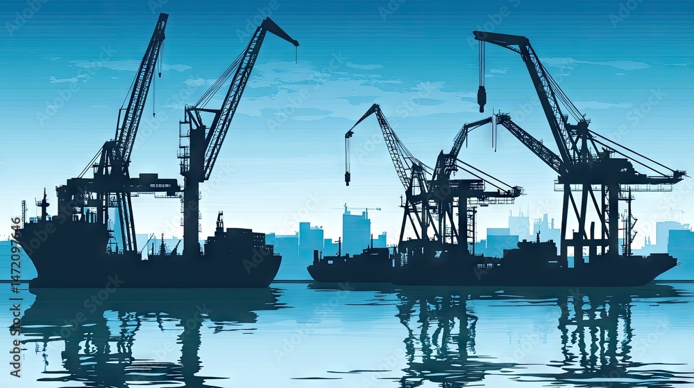 Silhouettes of cargo ships and cranes on a harbor. Silhouettes of cargo ships and cranes on a harbor.