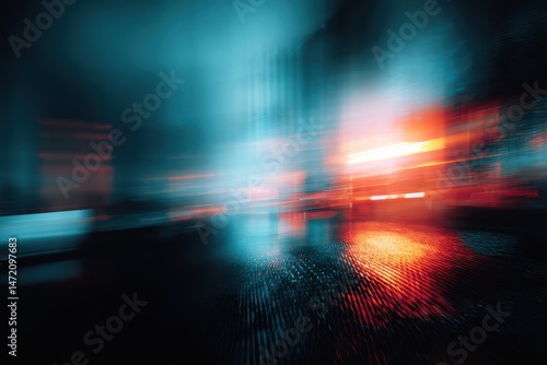 Abstract urban scene with vibrant light streaks.