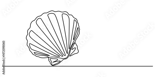 Continuous one line drawing of sea shell. Seashell symbol. Spa beauty and wellness salon banner in simple linear style,  Sea shells, mollusks, scallop, pearls. Tropical underwater shells continuous. 