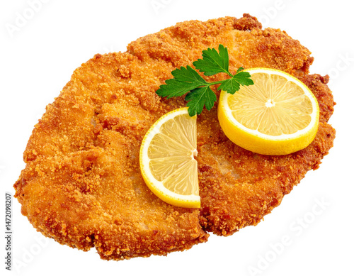 Crispy Wiener Schnitzel Isolated with Lemon and Parsley on Transparent Background PNG