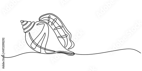Continuous one line drawing of sea shell. Seashell symbol. Spa beauty and wellness salon banner in simple linear style,  Sea shells, mollusks, scallop, pearls. Tropical underwater shells continuous. 