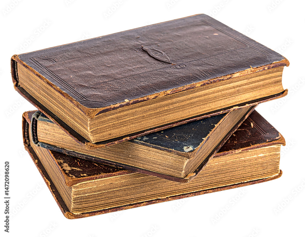 Stack of Aged Leather Bound Books Isolated on Transparent Background for Education