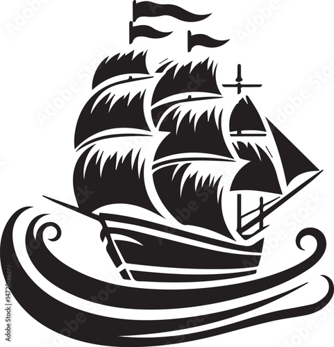 Vintage Black Silhouette of a Sailing Ship with Full Sails