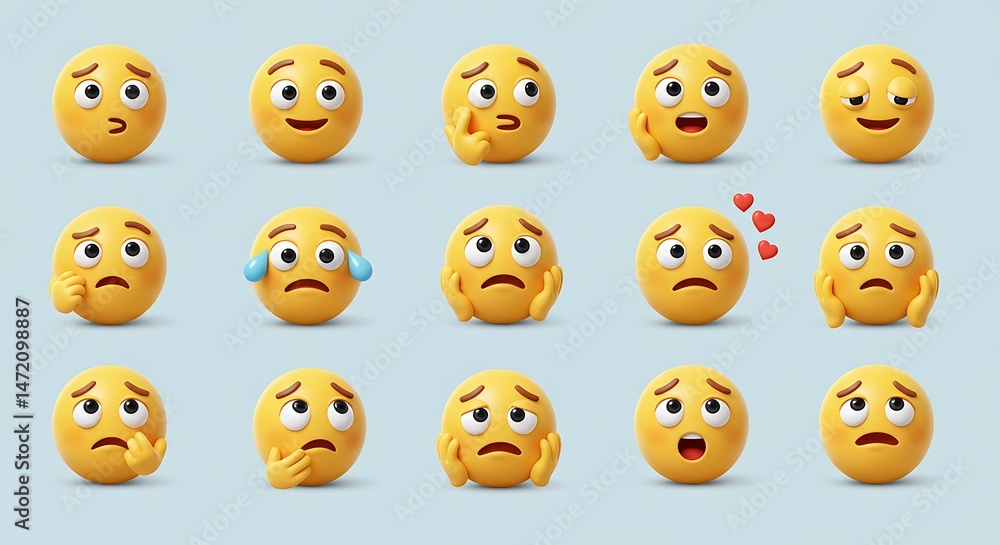 thinking emoji clipart character. 3d emoji character in round yellow graphic elements collection with curious, confused, guessing, sad, shocked and serious facial expressions. Thinking vector thinking emoji clipart character. 3d emoji character in round yellow graphic elements collection with curious, confused, guessing, sad, shocked and serious facial expressions. Thinking vector