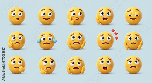 thinking emoji clipart character. 3d emoji character in round yellow graphic elements collection with curious, confused, guessing, sad, shocked and serious facial expressions. Thinking vector
