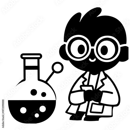 A cute cartoon scientist boy holds a flask. Black and white vector art illustration.