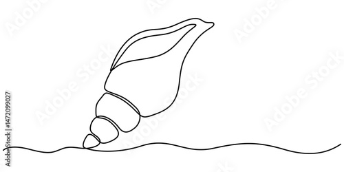 Continuous one line drawing of sea shell. Seashell symbol. Spa beauty and wellness salon banner in simple linear style,  Sea shells, mollusks, scallop, pearls. Tropical underwater shells continuous. 