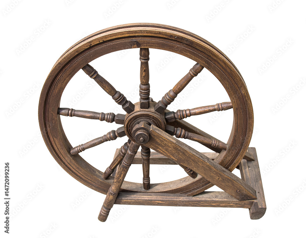 Isolated Antique Wooden Spinning Wheel on Transparent Background for Craft Designs