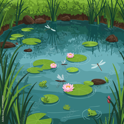 Pond Ecosystem Illustration with Lily Pads, Frogs, and Dragonflies