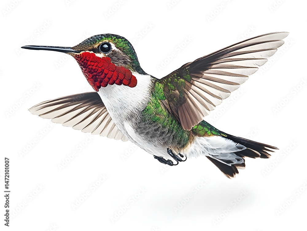 Fototapeta premium A vibrant male Anna's hummingbird in flight against a pure white background showcasing its iridescent plumage and detail.