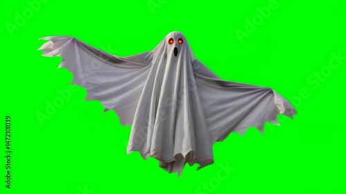 A ghost figure with glowing eyes and outspread sheet arms floats against a bright green background.
