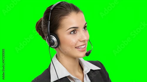 A smiling woman wearing a headset looks upward, dressed in a business suit with a green screen background.