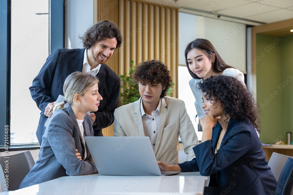 Fototapeta premium Team of diversity business people are discussing over the new strategic strategy project on investment real estate while working in modern office building for new project and planning