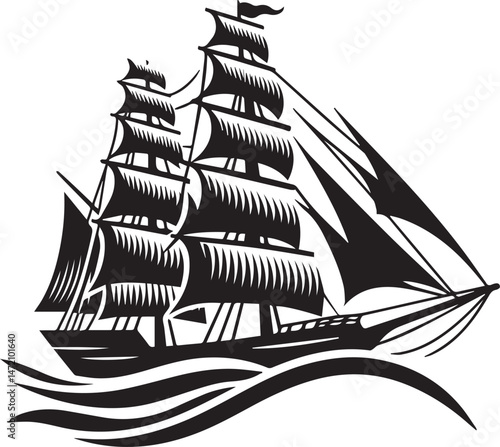 Vintage Black Silhouette of a Sailing Ship with Full Sails
