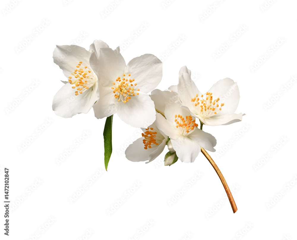 A branch of blooming jasmine (Philadelphus coronarius) isolated on a white background. Element for creating designs, cards, patterns, floral arrangements, frames, wedding cards and invitations. A branch of blooming jasmine (Philadelphus coronarius) isolated on a white background. Element for creating designs, cards, patterns, floral arrangements, frames, wedding cards and invitations.