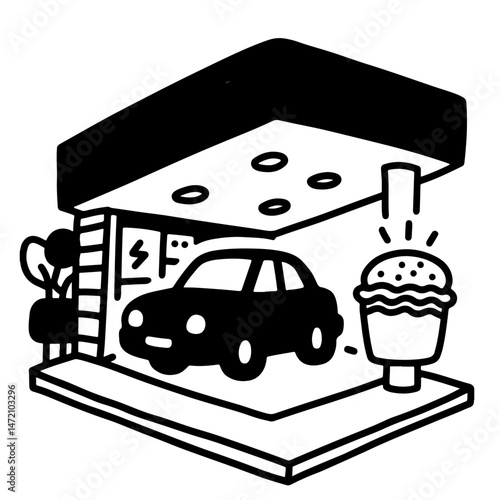 A black and white vector illustration of a car at a drive-thru, with a burger waiting.