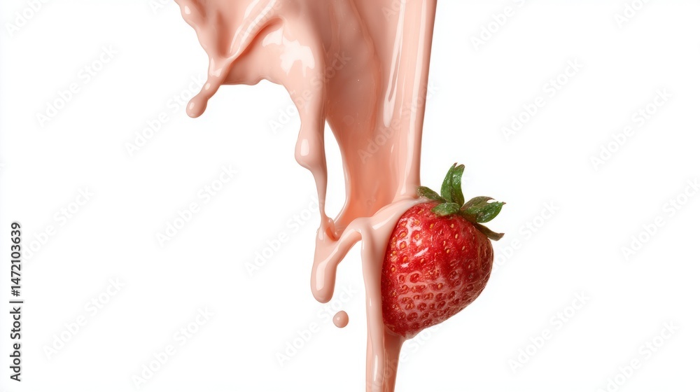 Obraz premium Strawberry splashing in cream studio food photography minimalist close-up freshness