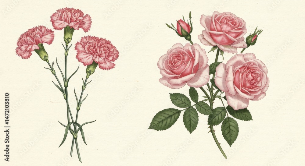 Fototapeta premium Delicate illustration of pink carnations and roses.