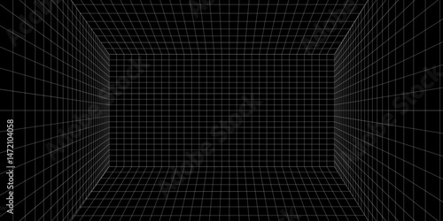 Futuristic perspective grid box. Abstract wireframe with white grid line on black background. Virtual reality landscape in 80s 90s digital style. Vector illustration.