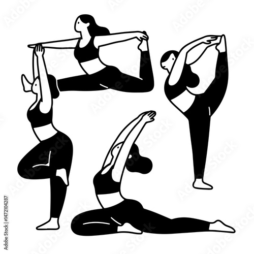 Four women practicing different yoga poses in black and white vector art.