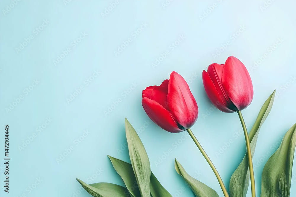 Fototapeta premium Two vibrant red tulips against a light blue background
