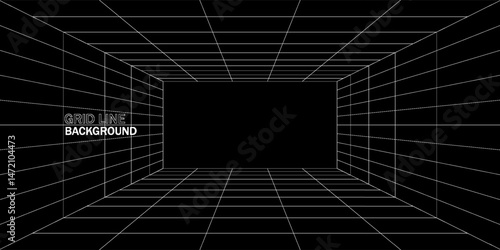 Futuristic digital hallway space blank gray-black color background with white grid space line color surfaces. Cyber, technology, banners, covers, terrain, sci-fi, frames, and related background.
