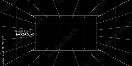Empty futuristic digital box room grey-black background with white grid space line color surface. Network cyber technology. banner, cover, terrain, sci-fi, wireframe, and related to background.