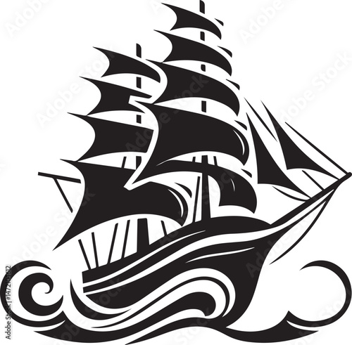 Vintage Black Silhouette of a Sailing Ship with Full Sails