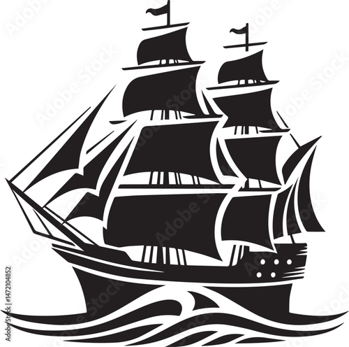 Vintage Black Silhouette of a Sailing Ship with Full Sails