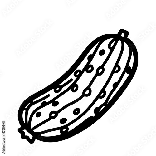 Black and white vector illustration of a cucumber with bumpy skin and seeds.
