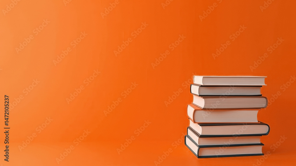 Fototapeta premium On a orange background there is a stack of books